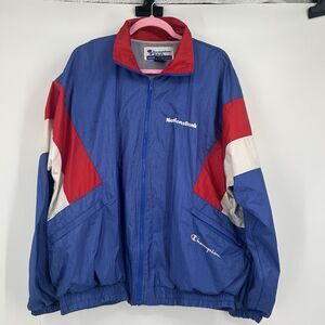 Vintage Champion Red White & Blue Warm Up Windbreaker Jacket Mens XL w LOGO